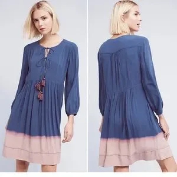 Anthropologie Women's Dress Size 14 Holding Horses Long Sleeve Blue Ombre Boho - Picture 1 of 9